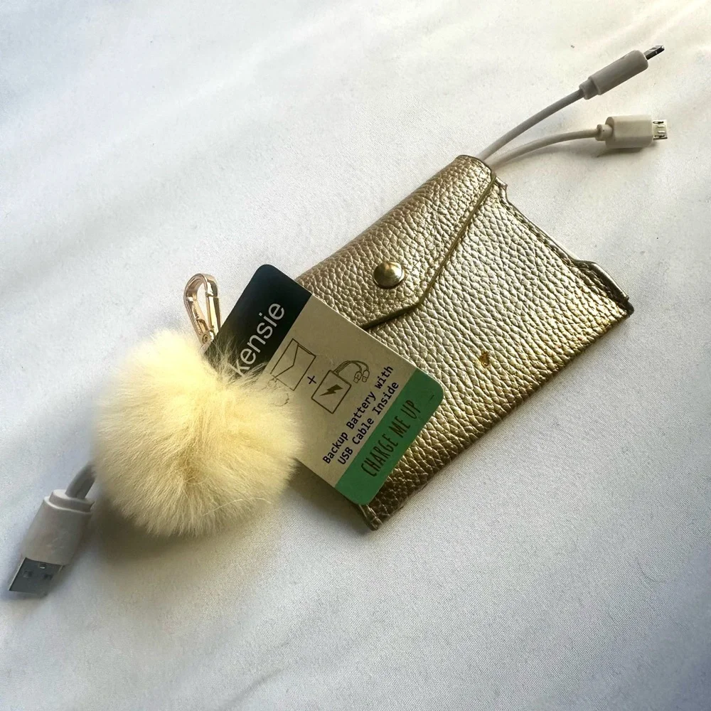 Kensie Gold Portable Backup Battery Keychain with Cream Pom